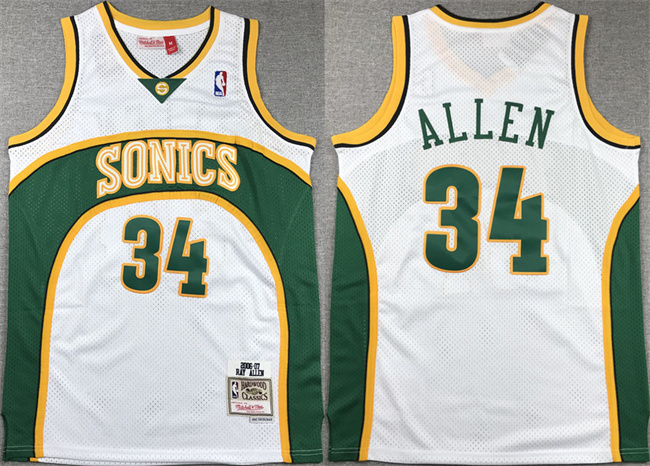 Men's Oklahoma City Thunder #34 Ray Allen White 2006-07 Throwback SuperSonics Stitched Jersey